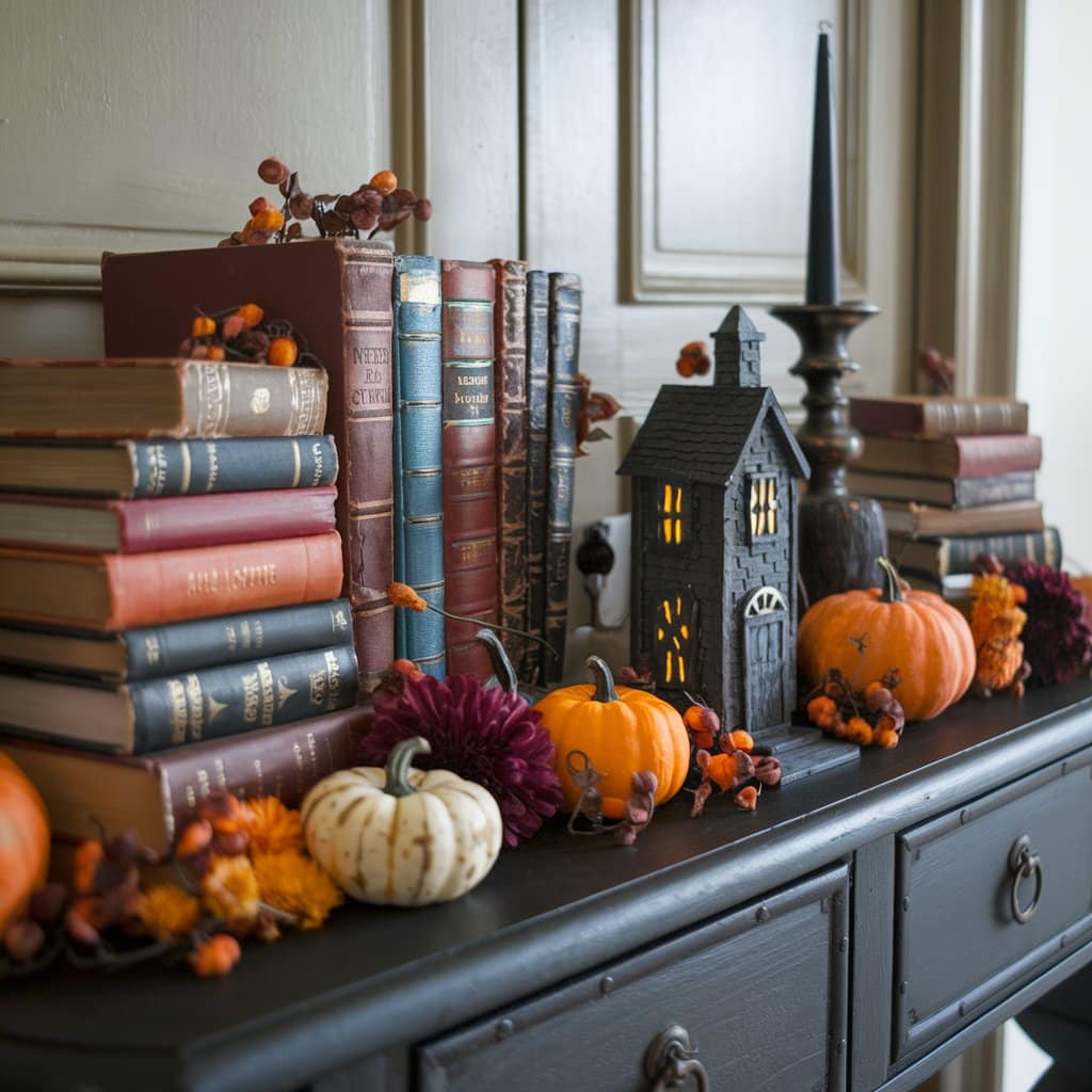 a photo of a console table with a spooky fall deco VLPMu3GbQGGhD74XcOE82A i4fpMVRYRDeck6Sv0p 10Q