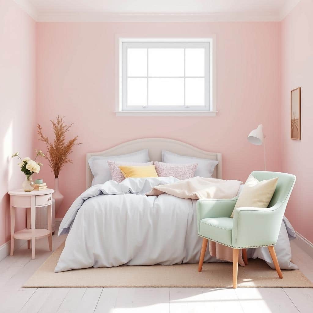 an image of a bright and airy bedroom with pastel colors