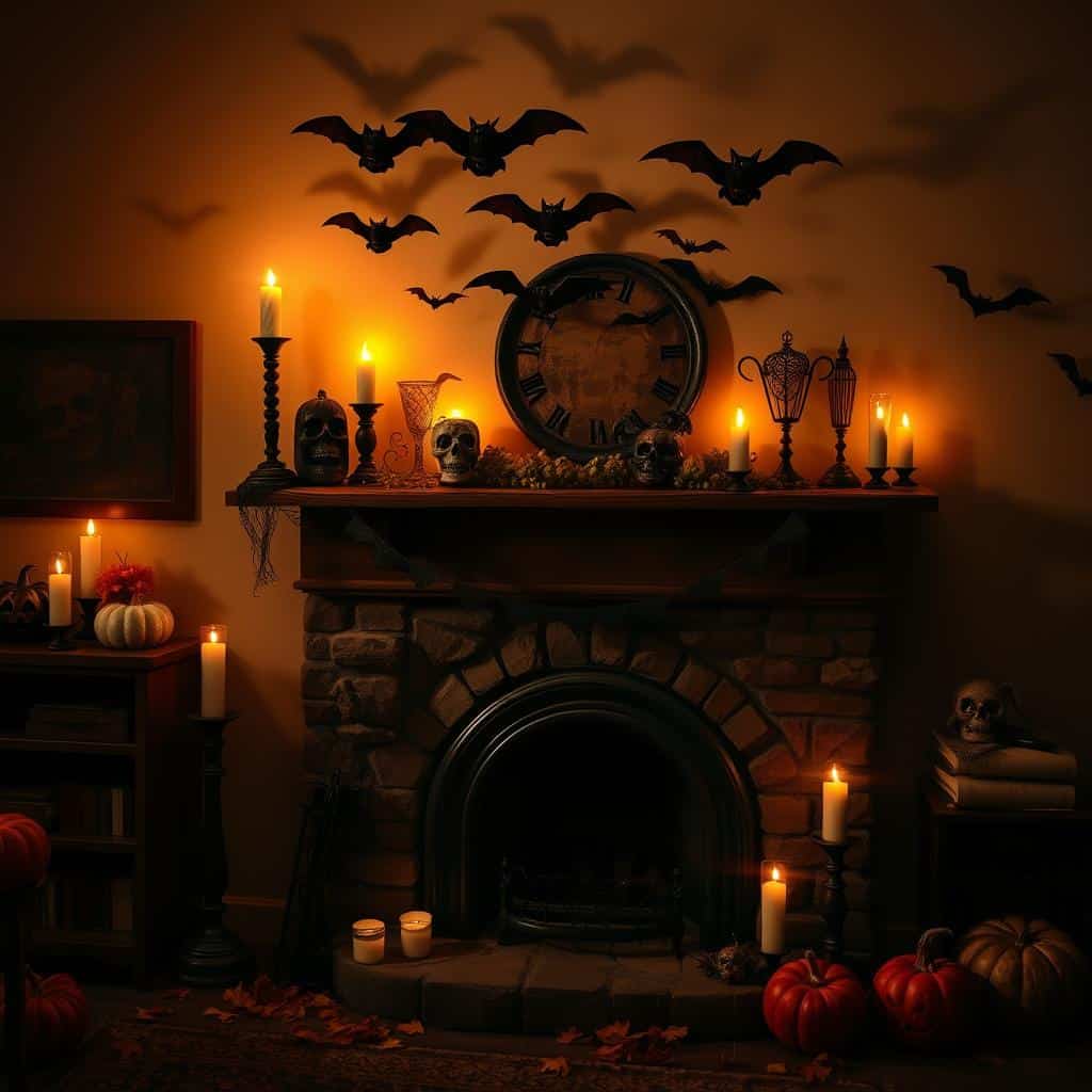 bats over fireplace