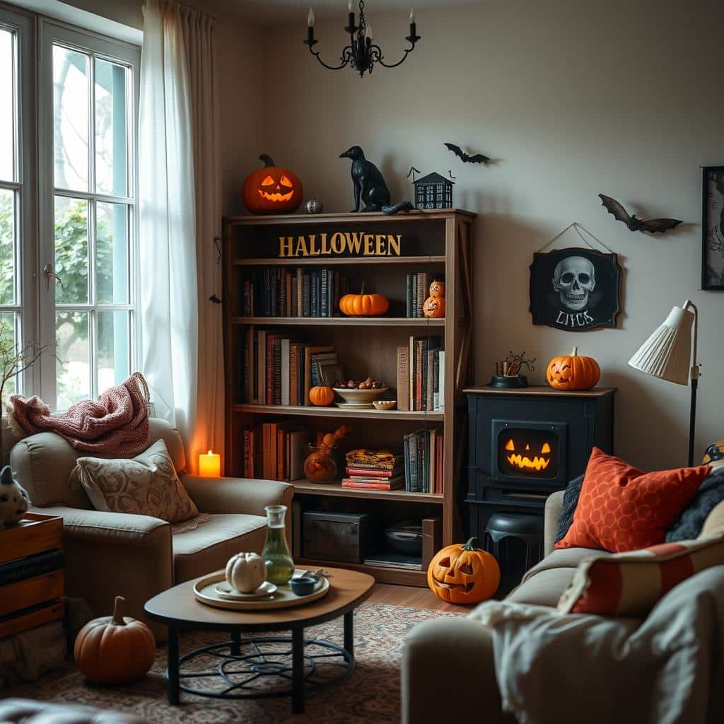 bookshelf repurposed as a haunted snack bar