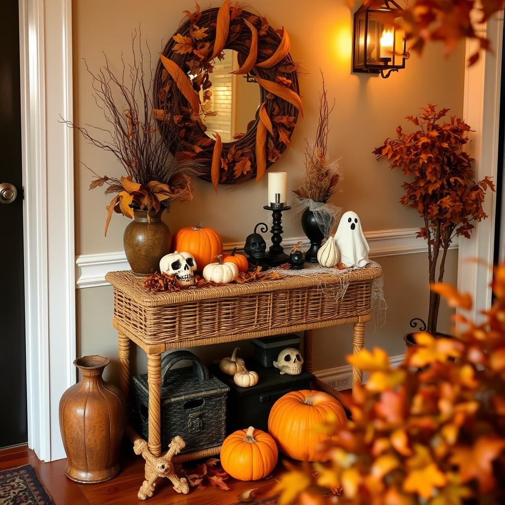 fall entryway with wicker