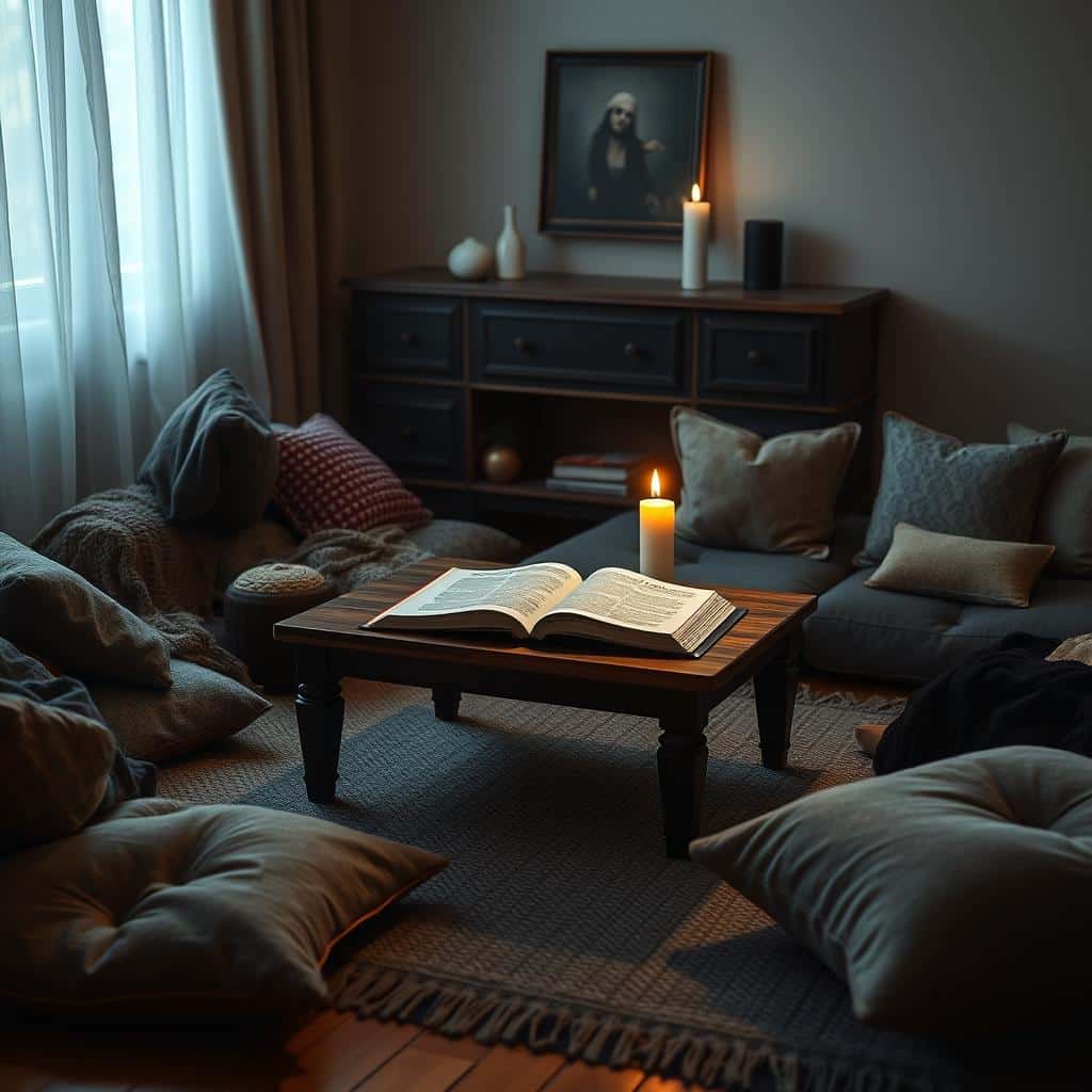 floor cushions around a coffee table with a faux flickering candle with a large book of ghost stories