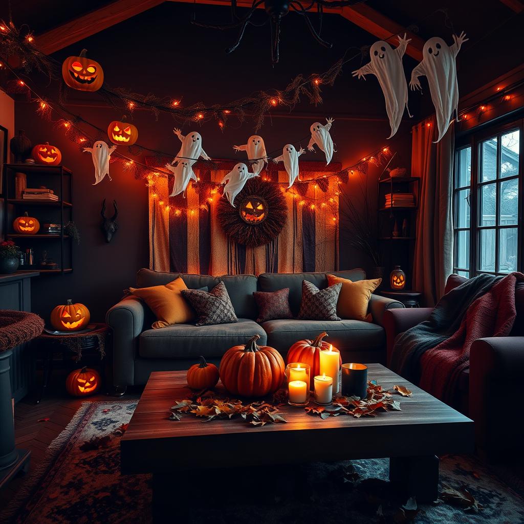 living room adorned with spooky fall decor