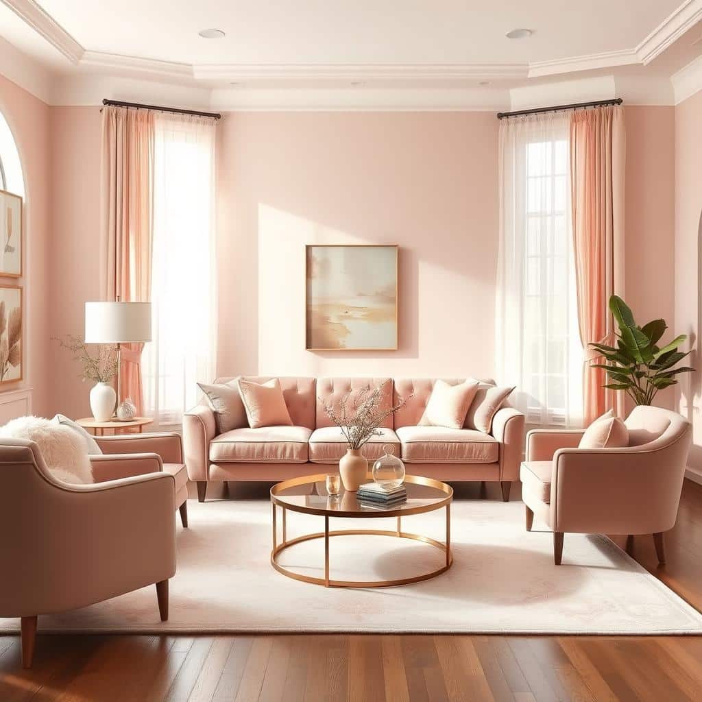 luxurious living room in shades of soft blush pink