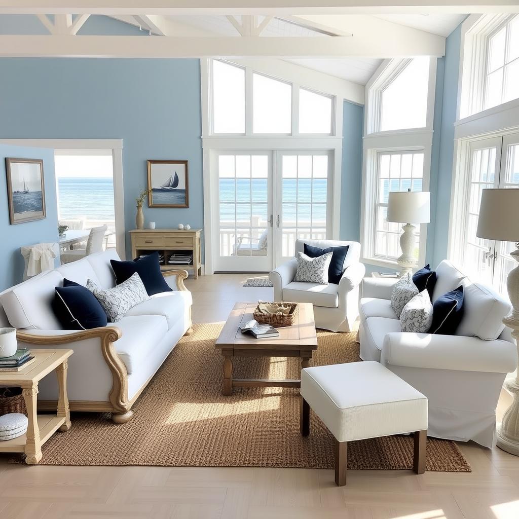 serene coastal living room featuring nautical decor