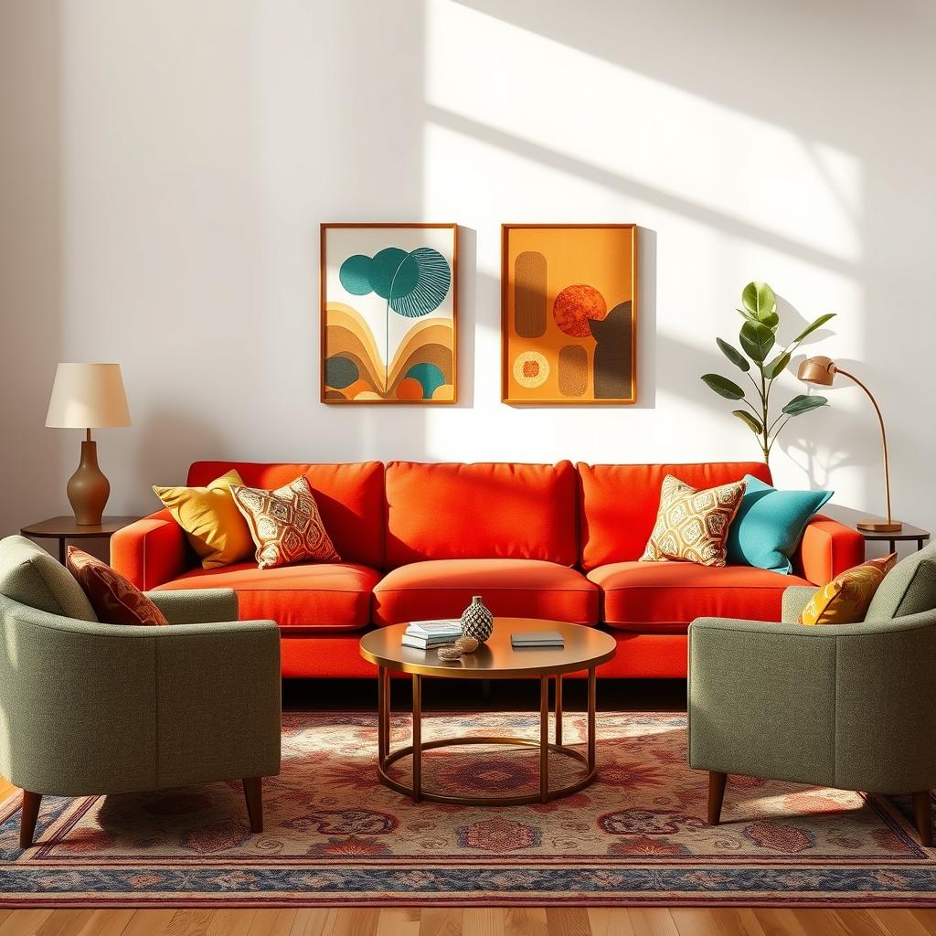 vibrant living room featuring a bold terracotta colored sofa