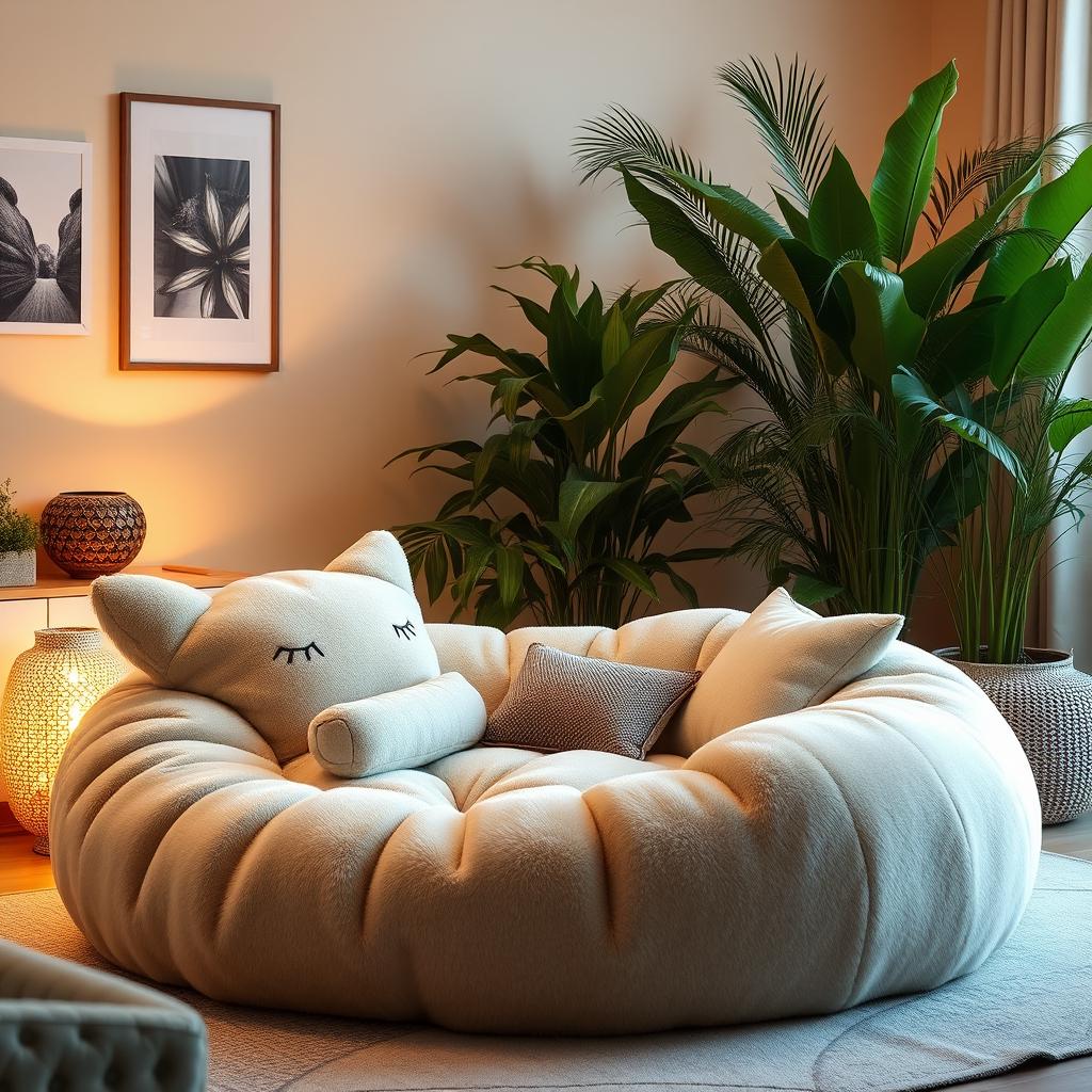 A cozy living room featuring an oversized handcrafted cat shaped lounger