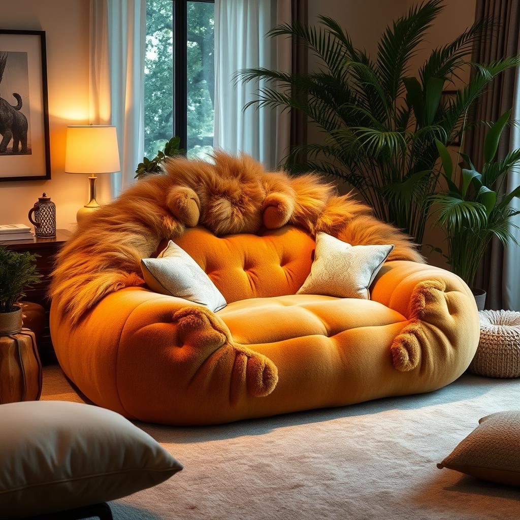 A cozy living room featuring an oversized handcrafted lion shaped lounger