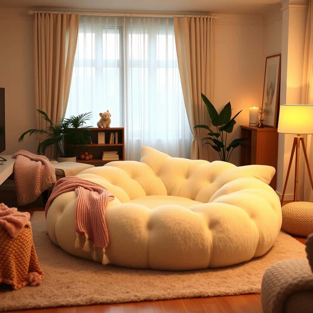 A cozy living room featuring an oversized plush cat shaped lounger in soft pastel colors