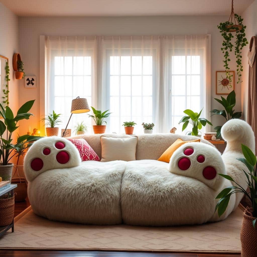 A cozy living room scene featuring oversized cat shaped lounger