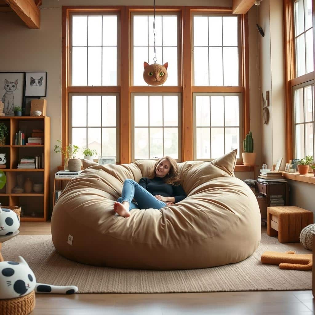 A cozy loft interior featuring a giant cat shaped bean bag lounger