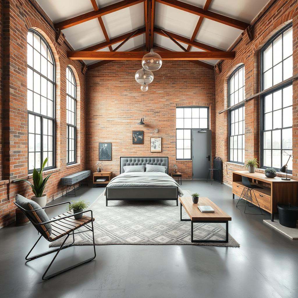 A spacious industrial loft bedroom