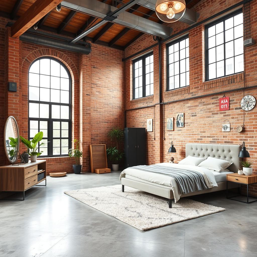 A spacious industrial loft bedroom