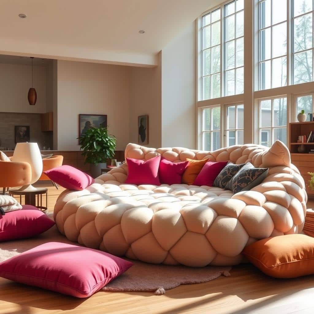 A spacious living room featuring a large plush cat shaped lounger