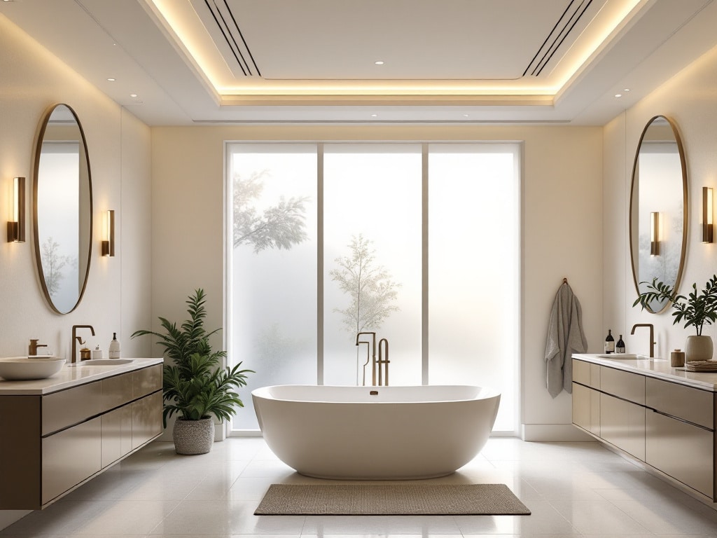 Elegant modern bathroom featuring layered lighting design