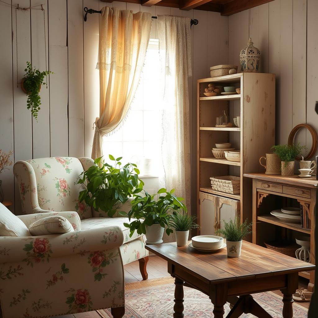 Shabby Chic Interior with Floral Prints and Natural Textures