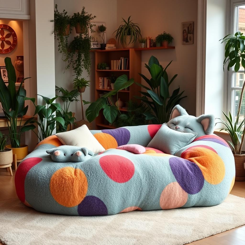 Supersized cat shaped lounger in a cozy living room