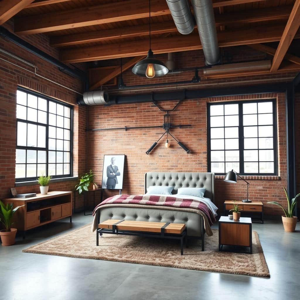 an industrial loft bedroom