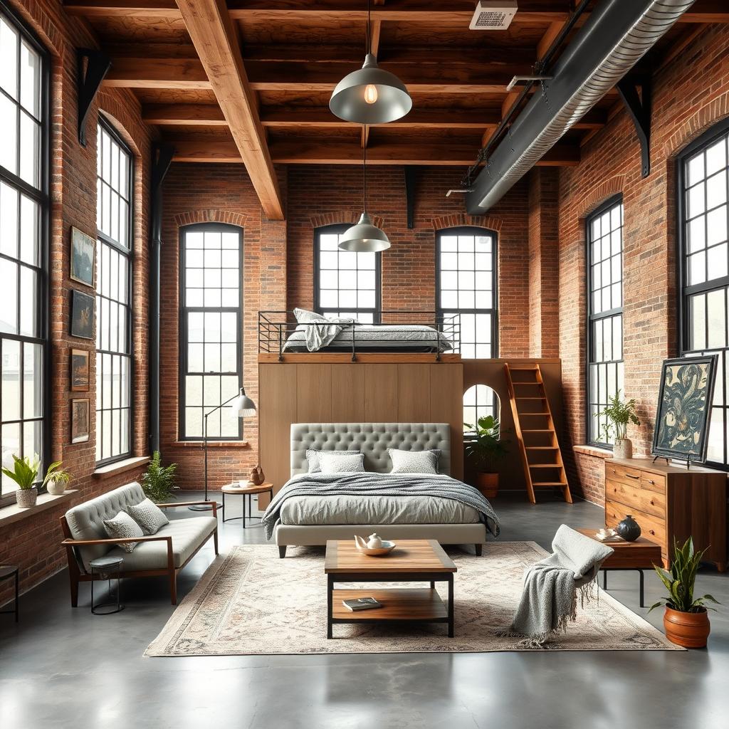 an industrial loft bedroom