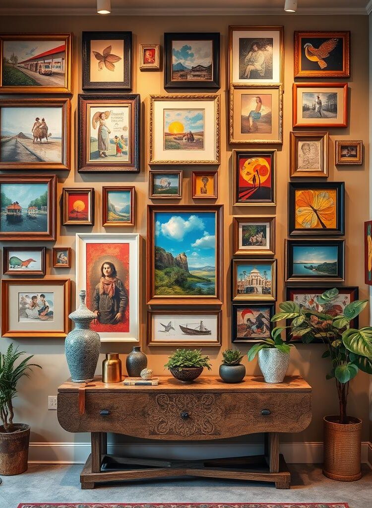 gallery wall in eclectic entrance