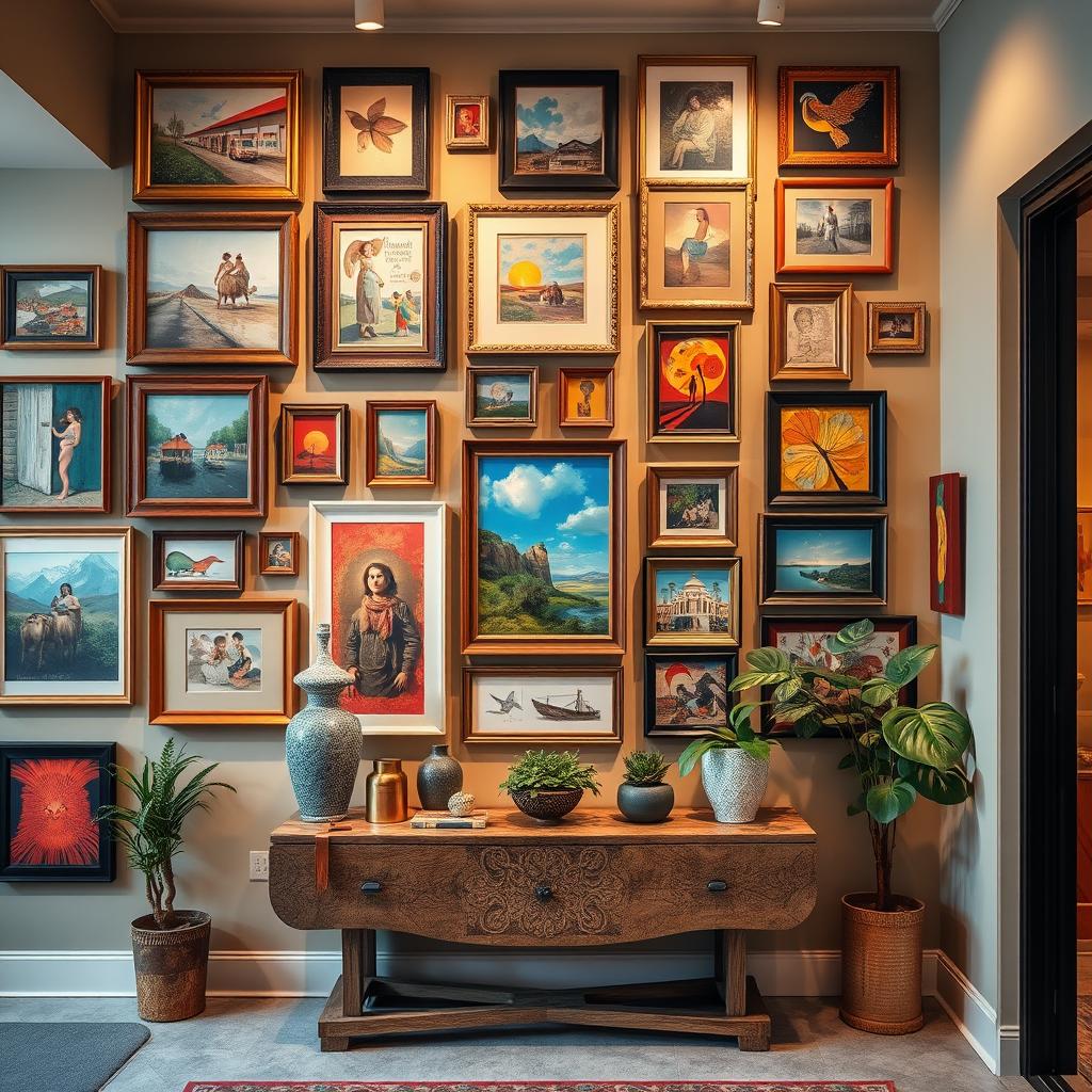 gallery wall in eclectic entrance