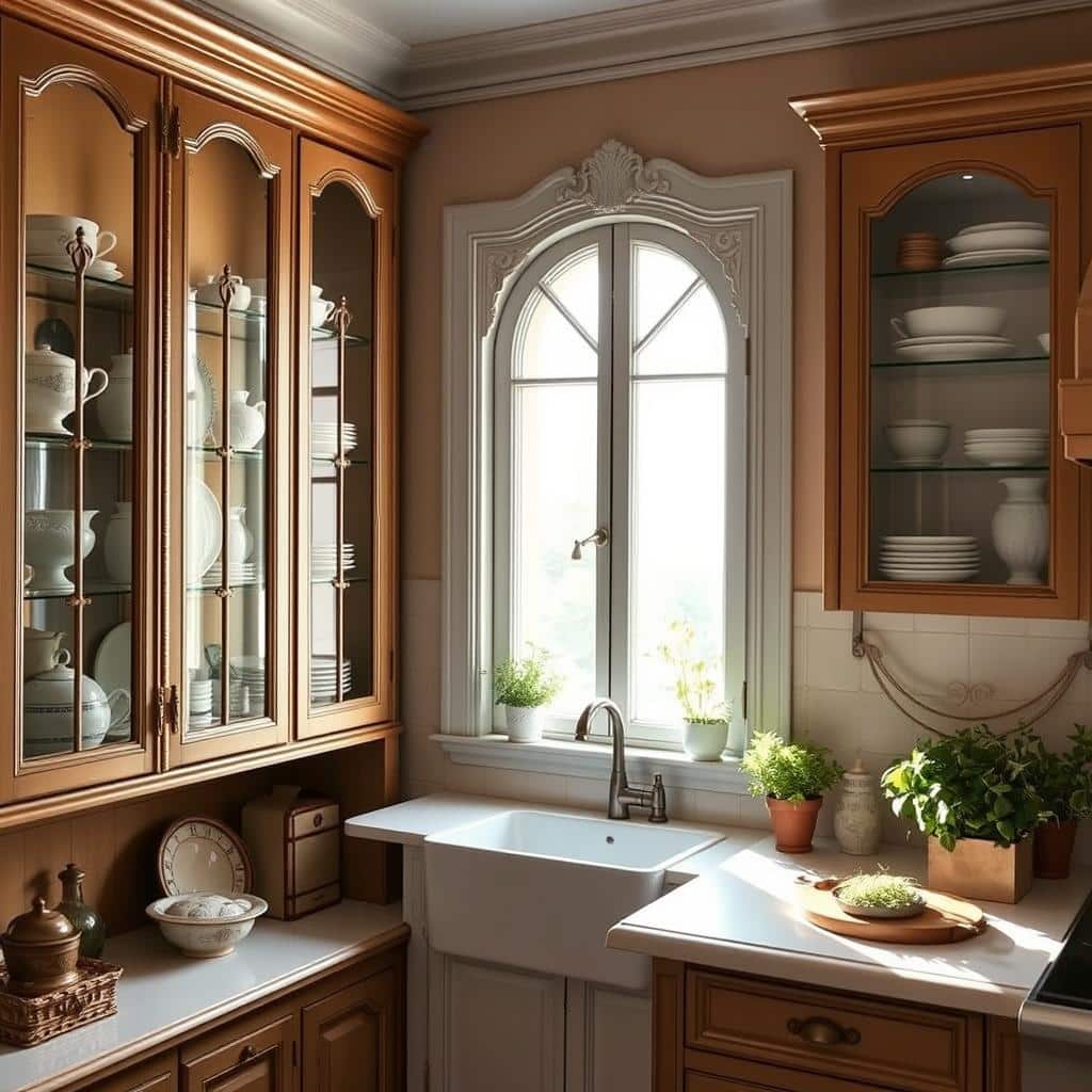 glass-fronted cabinets in French kitchens