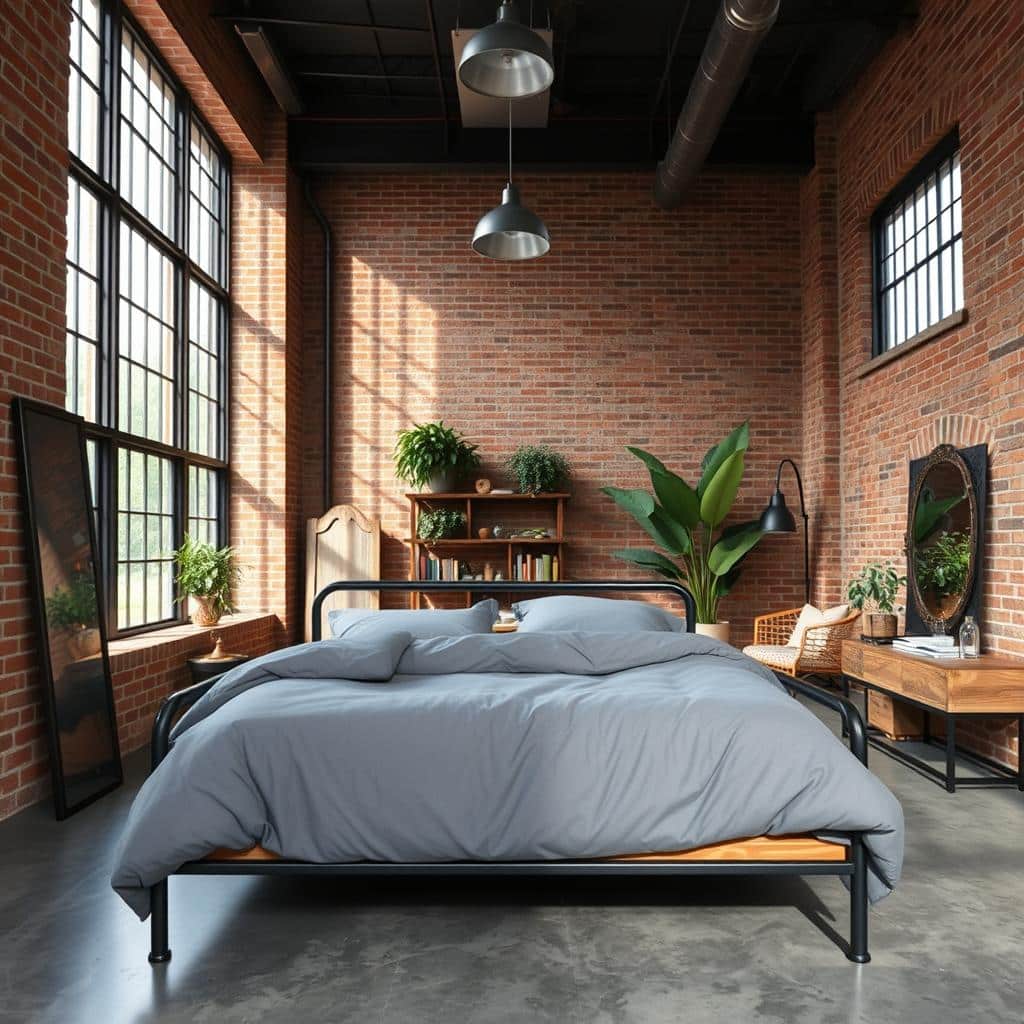 open-concept industrial bedroom