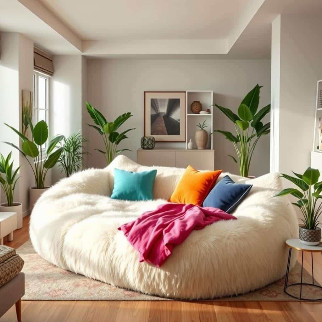 oversized cat shaped lounger in a cozy living room setting