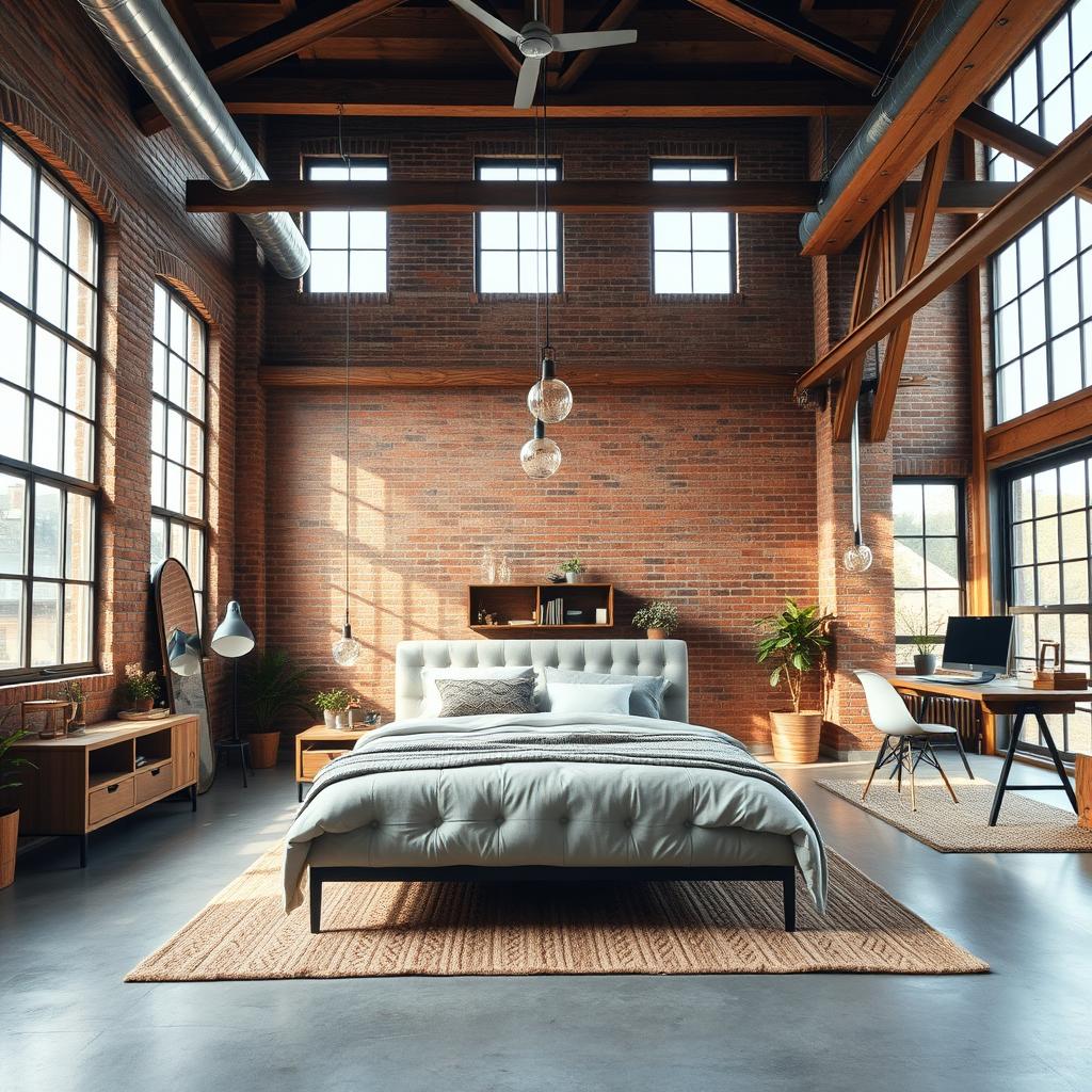 spacious industrial loft bedroom