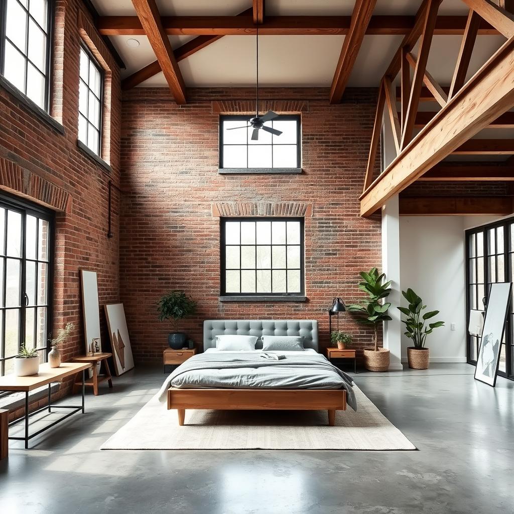 spacious industrial loft bedroom