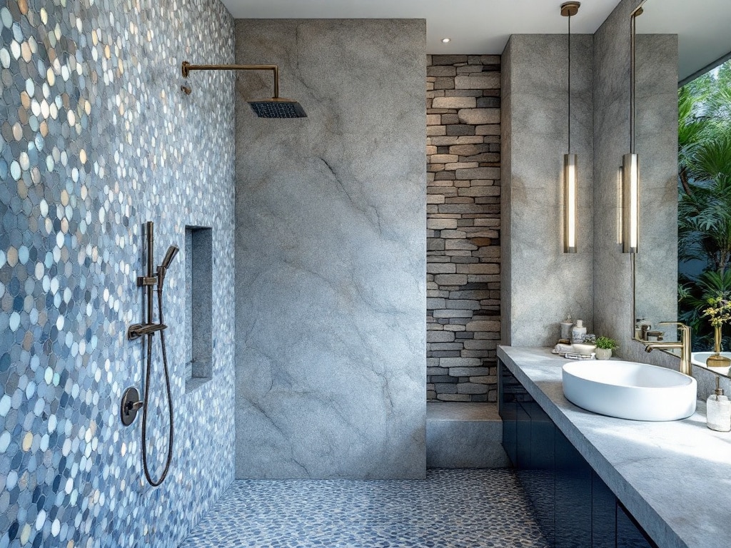 stone and pebble accents in bathroom